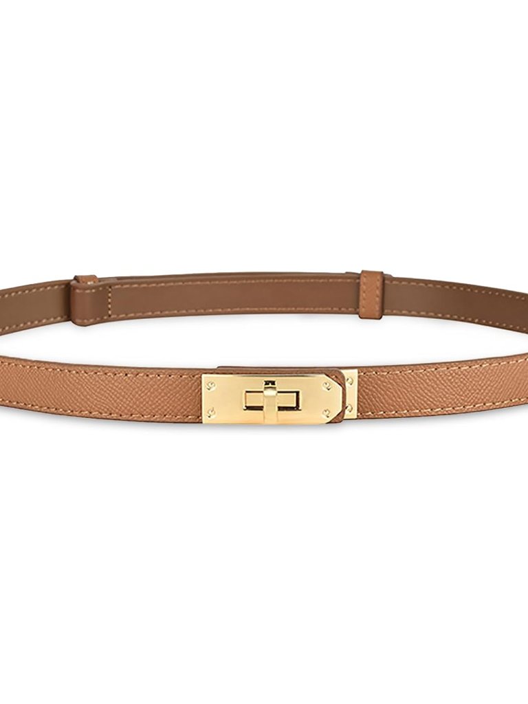 Women's Skinny Leather Belt With Adjustable Golden Turn-Lock Buckle - Ideal For